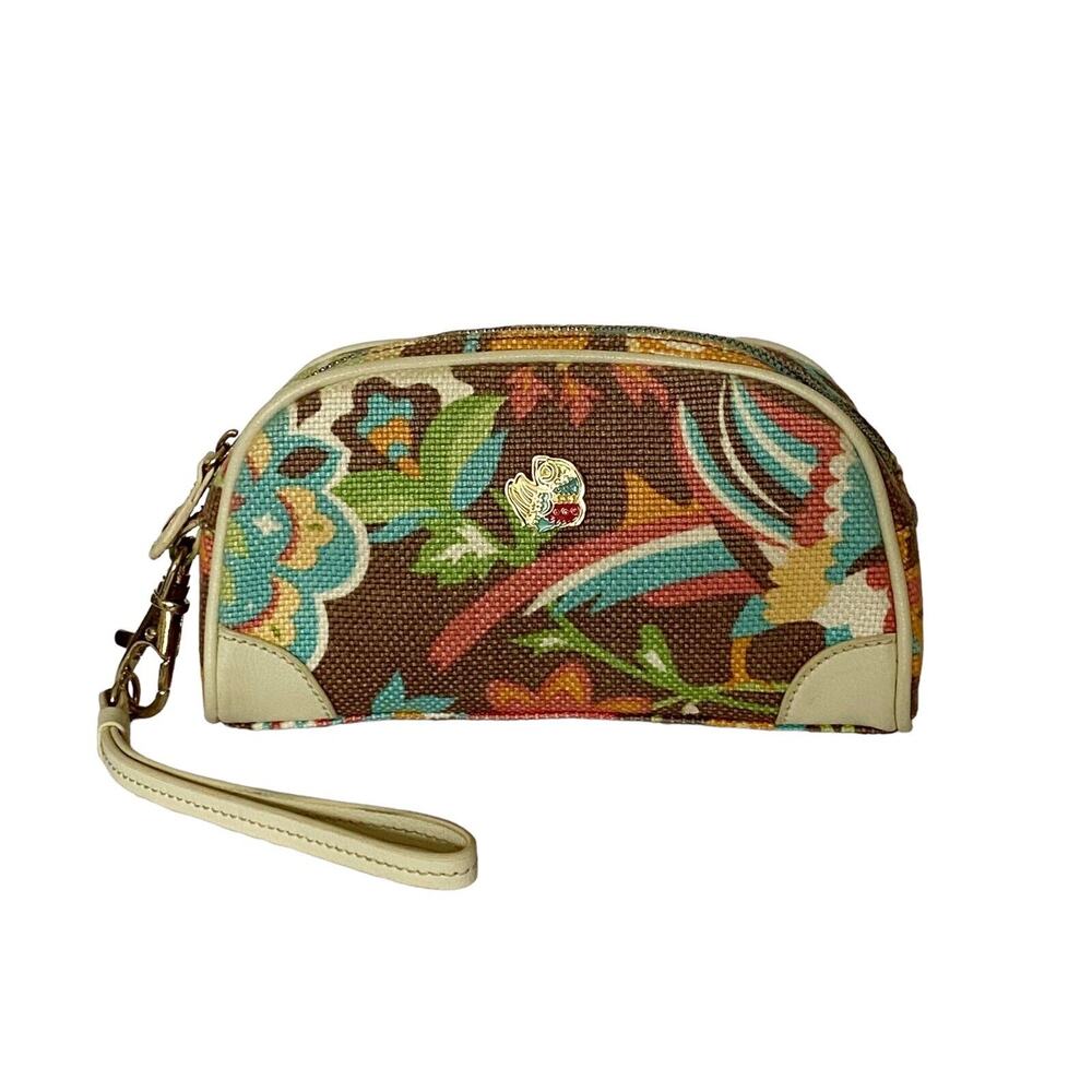 SPARTINA Cosmetic Bag Wristlet, Tropical Bird Design Linen Leather Cream/Brown